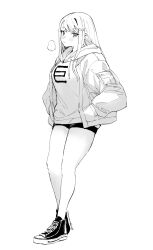 Rule 34 | 1girl, artist name, asymmetrical bangs, bare legs, blush, breasts, breathing, chieri no koi wa 8 meter, contrapposto, eyelashes, full body, greyscale, hands in pockets, highres, hood, hoodie, large breasts, looking at viewer, mitogawawataru, monochrome, official art, oomine chieri, parka, parted lips, shoes, shorts, simple background, sneakers, solo, standing, straight hair, twitter username, white background