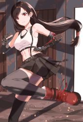 Rule 34 | 1girl, bare shoulders, befirst b, belt, black bra, black gloves, black hair, black skirt, black thighhighs, bra, breasts, clenched hand, crop top, earrings, elbow gloves, elbow pads, embers, fighting stance, final fantasy, final fantasy vii, final fantasy vii remake, fingerless gloves, foot out of frame, gloves, highres, jewelry, long hair, looking at viewer, low-tied long hair, medium breasts, midriff, motion blur, navel, parted lips, pleated skirt, red eyes, red footwear, shirt, skirt, sleeveless, sleeveless shirt, solo, sports bra, suspenders, thighhighs, tifa lockhart, underwear, white shirt, zettai ryouiki