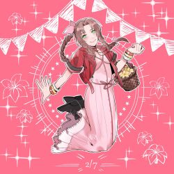 Rule 34 | 1girl, aerith gainsborough, bangle, basket, blush, boots, bow, bracelet, braid, braided ponytail, breasts, brown footwear, choker, cleavage, cropped jacket, dress, final fantasy, final fantasy vii, final fantasy vii remake, floating, flower, flower basket, flower choker, full body, green eyes, hair bow, hair ribbon, happy birthday, highres, holding, holding basket, jacket, jewelry, lily (flower), long dress, long hair, looking at viewer, medium breasts, nnnmmg0725, parted bangs, pink background, pink bow, pink dress, pink ribbon, red jacket, ribbon, short sleeves, sidelocks, single braid, smile, solo, wavy hair, yellow flower