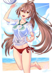 Rule 34 | 1girl, :d, ahoge, alternate costume, ball, beach, bikini, brown eyes, brown hair, cloud, cloudy sky, feather hair ornament, feathers, hair ornament, hairclip, highres, hololive, hololive english, light rays, long hair, midriff, multicolored hair, nail polish, nanashi mumei, ocean, omniformblue, open mouth, ponytail, red bikini, see-through, see-through shirt, shirt, sky, smile, streaked hair, swimsuit, t-shirt, teeth, upper teeth only, very long hair, virtual youtuber, volleyball, volleyball (object), wet, wet clothes, wet shirt