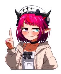 Rule 34 | 1girl, beret, blue eyes, cardigan, ddolbang, dress, hat, heterochromia, highres, hololive, hololive english, horns, irys (casualrys) (hololive), irys (hololive), jewelry, looking at viewer, pointy ears, purple eyes, purple hair, smile, virtual youtuber, white dress