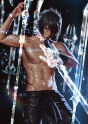 Rule 34 | 1boy, abs, black hair, blue eyes, cuts, engine blade, final fantasy, final fantasy xv, fingerless gloves, gloves, holding, holding weapon, injury, light particles, magic, male focus, muscular, muscular male, navel, nipples, noctis lucis caelum, open mouth, pants, pectorals, penguin frontier, polearm, realistic, solo, sword, topless male, weapon
