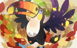 Rule 34 | ab-ten, animal focus, autumn leaves, berry (pokemon), bird, commentary request, creature, creatures (company), feet out of frame, food, fruit, game freak, gen 7 pokemon, nintendo, no humans, pokemon, pokemon (creature), sitrus berry, solo, toucan, toucannon