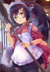 Rule 34 | 1girl, :o, absurdres, alternate costume, animal ears, bad id, bad pixiv id, black-framed eyewear, black hair, blush, glasses, highres, holding, hololive, indoors, long hair, maid headdress, ookami mio, ookami mio (new year), ponytail, round eyewear, solo, t6 ti, tail, tail wrap, virtual youtuber, wolf ears, wolf girl, yellow eyes