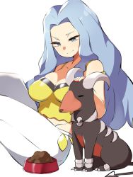 Rule 34 | 1girl, = =, bare arms, blue eyes, blue hair, bowl, breasts, camisole, cleavage, closed mouth, collarbone, creatures (company), crop top, dog, elite four, game freak, gen 2 pokemon, groin, hair intakes, headpat, highres, horns, houndoom, karen (pokemon), large breasts, long hair, looking down, midriff, mituyota 76, nintendo, pants, pet bowl, pet food, pokemon, pokemon (creature), pokemon hgss, simple background, sitting, spaghetti strap, tail, white background, white pants, yellow camisole