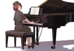 Rule 34 | 1girl, alternate costume, black dress, black footwear, brown eyes, brown hair, capelet, closed mouth, contemporary, dress, hat, hat ornament, instrument, jq, looking at viewer, looking back, lyrica prismriver, music, no socks, piano, piano bench, playing instrument, sheet music, shoes, short hair, simple background, sitting, smile, solo, star (symbol), star hat ornament, touhou, white background