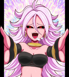 Rule 34 | 1girl, android 21, bare shoulders, black sclera, black sleeves, black tube top, bracelet, breasts, character name, colored sclera, colored skin, detached sleeves, dragon ball, dragon ball fighterz, drooling, earrings, fangs, hair between eyes, hoop earrings, jewelry, koyukiyasu, large breasts, long hair, looking at viewer, majin android 21, midriff, nail polish, navel, pillarboxed, pink skin, pointy ears, purple hair, red eyes, solo, strapless, tongue, tongue out, tube top, tube top
