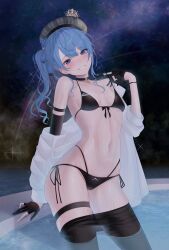 Rule 34 | 1girl, absurdres, barbell piercing, beret, bikini, black bikini, black choker, black gloves, black pantyhose, blue eyes, blue hair, breasts, choker, clothes pull, contrapposto, crown, ear piercing, gloves, grin, hat, highres, hololive, hoshimachi suisei, industrial piercing, long hair, looking at viewer, mini crown, navel, pantyhose, pantyhose pull, partially fingerless gloves, piercing, plaid headwear, shooting star, side-tie bikini bottom, side ponytail, skindentation, sky, small breasts, smile, solo, star (sky), star (symbol), star in eye, starry sky, stomach, strap pull, swimsuit, symbol in eye, thigh strap, tojo aoi, virtual youtuber, wading, water, wavy hair, wet