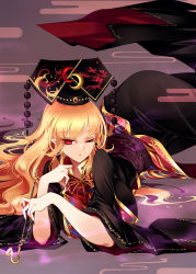 Rule 34 | 1girl, absurdres, black dress, black headwear, black nails, blonde hair, chinese clothes, dress, egasumi, fingernails, highres, holding, junko (touhou), junko day, long hair, long sleeves, nail polish, one eye closed, parted lips, phoenix crown, pointy ears, raptor7, red eyes, solo, tabard, touhou, wide sleeves