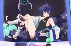 Rule 34 | 1boy, androgynous, armpit crease, armpits, bare shoulders, black shirt, blue hair, bridal gauntlets, character name, chobonu, dutch angle, feet, foot up, full body, genshin impact, highres, in crane game, japanese clothes, leg warmers, legs, looking at viewer, male focus, no shoes, off shoulder, purple eyes, scaramouche (cat) (genshin impact), scaramouche (genshin impact), shirt, short hair, short shorts, shorts, skin tight, sleeveless, sleeveless shirt, solo, stirrup legwear, stuffed animal, stuffed cat, stuffed toy, sweatdrop, thighs, toeless legwear, toes, toned, toned male, wanderer (genshin impact), wide sleeves