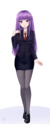 Rule 34 | 1girl, absurdres, alternate costume, black footwear, black pantyhose, blunt bangs, blush, breasts, collar, cosplay, danraz0r, full body, highres, long hair, looking at viewer, medium breasts, necktie, open mouth, pantyhose, patchouli knowledge, purple eyes, purple hair, red necktie, reisen udongein inaba, reisen udongein inaba (cosplay), school uniform, shadow, shoes, simple background, solo, touhou, very long hair, white background