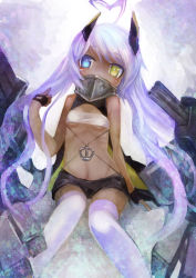 Rule 34 | 1girl, ahoge, azur lane, bandeau, bare shoulders, black shorts, black thighhighs, blue eyes, breasts, covered mouth, dark-skinned female, dark skin, fingerless gloves, gloves, headgear, heart, heart ahoge, heterochromia, highres, indianapolis (azur lane), long hair, looking at viewer, ruu bot, short shorts, shorts, sitting, small breasts, solo, strapless, thighhighs, tube top, turret, twintails, underboob, very long hair, white hair, white thighhighs, yellow eyes, zettai ryouiki