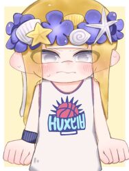 Rule 34 | 1girl, blonde hair, blue wristband, blush, border, clenched hand, closed mouth, commentary, grey eyes, head wreath, inkling, inkling girl, inkling player character, long hair, nintendo, outside border, print shirt, shirt, simple background, sleeveless, sleeveless shirt, solo, splatoon (series), splatoon 3, symbol-only commentary, tentacle hair, v-shaped eyebrows, vk92004, wavy mouth, white border, white shirt, yellow background
