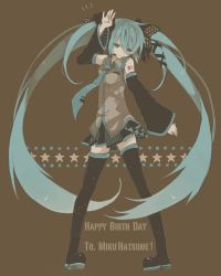 Rule 34 | 1girl, aqua eyes, aqua hair, bad id, bad pixiv id, bare shoulders, boots, brown background, detached sleeves, happy birthday, hatsune miku, long hair, necktie, satsuan0120, skirt, solo, star (symbol), thigh boots, thighhighs, twintails, very long hair, vocaloid