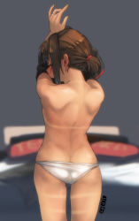 Rule 34 | 1girl, anchor symbol, arms up, artist logo, artist name, ass, back, bed, bite mark, black hair, black shirt, blush, butt crack, closed eyes, ergot, from behind, fubuki (kancolle), grey background, highres, jewelry, kantai collection, no bra, no pants, open mouth, panties, pillow, ring, shirt, short hair, short ponytail, solo, tan, tanline, underwear, undressing, wedding band, white panties