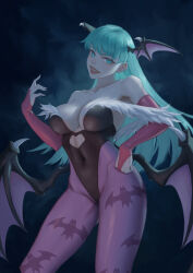 Rule 34 | 1girl, absurdres, breasts, cleavage, green eyes, green hair, hand on own hip, highres, large breasts, legs, leotard, long hair, looking at viewer, morrigan aensland, pantyhose, parted lips, smile, solo, thighs, toned, vampire (game)