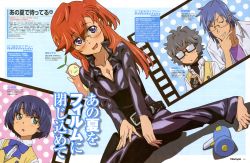 Rule 34 | 10s, 2boys, 2girls, absurdres, ano natsu de matteru, barefoot, blue eyes, blue hair, blush, breasts, cleavage, feet, glasses, highres, long hair, looking at viewer, magazine scan, multiple boys, multiple girls, newtype, no shoes, official art, one side up, open mouth, red hair, scan, takatsuki ichika, tanaka masayoshi, tanigawa kanna, toes