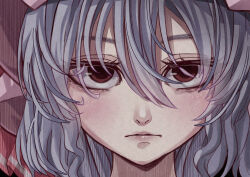 Rule 34 | 1girl, absurdres, closed mouth, grey hair, hair between eyes, highres, lips, looking at viewer, mahoro (minase mahoro), portrait, red eyes, remilia scarlet, short hair, solo, straight-on, touhou