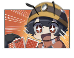 Rule 34 | + +, 4koma, activity ant (gomulgong), ant girl, antennae, black gloves, black hair, border, card, comic, emphasis lines, gloves, gomulgong, helmet, no nose, open mouth, orange background, original, outline, playing card, playing games, red eyes, smile, white border, white outline