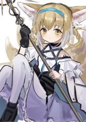 Rule 34 | 1girl, animal ears, arknights, azuazu 0405, bare shoulders, black footwear, black gloves, blonde hair, blush, fox ears, fox girl, fox tail, frilled skirt, frills, gloves, green eyes, hairband, highres, holding, holding staff, knees up, material growth, multiple tails, oripathy lesion (arknights), pantyhose, shoes, single glove, sitting, skirt, solo, staff, suzuran (arknights), tail, white background, white pantyhose