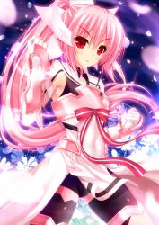 Rule 34 | 10s, cherry blossoms, clenched hands, commentary request, hair between eyes, hair ribbon, highres, long hair, pink hair, ponytail, red eyes, ribbon, shocchan (sanymph), solo, thighhighs, yuuki yuuna, yuuki yuuna wa yuusha de aru, yuusha de aru