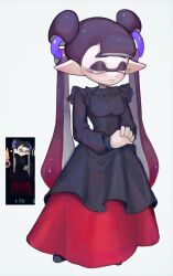 Rule 34 | 1girl, black dress, black hair, closed eyes, closed mouth, colored eyelashes, commentary request, d msy8, dress, frilled dress, frills, full body, gradient hair, highres, inkling, jessika (splatoon), multicolored hair, nintendo, official art inset, own hands together, red hair, simple background, solo, splatoon (series), splatoon 3, thick eyebrows, twintails, two-tone hair, white background