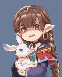 1girl botamochi_(exwelder) braid braided_ponytail brown_eyes brown_hair rabbit disgust earrings granblue_fantasy haaselia hair_between_eyes harvin jewelry looking_at_viewer pointy_ears robe shaded_face single_braid solo tiara