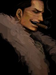 Rule 34 | 1boy, brown hair, cigar, crocodile (one piece), dark, dark background, fur trim, jacket, male focus, matsubaki, one piece, portrait, profile, scar, smoking, solo