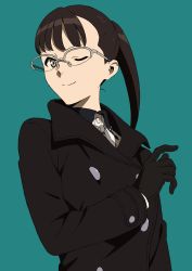 Rule 34 | 10s, 1girl, ;), absurdres, aqua background, black coat, black gloves, black hair, coat, glasses, gloves, grey eyes, grey ribbon, highres, long hair, looking at viewer, occultic;nine, one eye closed, ponytail, simple background, smile, solo, standing, sumikaze touko, upper body