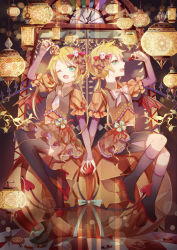 Rule 34 | 1boy, 1girl, absurdres, blonde hair, boots, bow, bowtie, candy, costume, demon tail, detail, dial, fangs, food, green eyes, hair ornament, halloween, hanging light, high heels, highres, kagamine len, kagamine rin, lace, lace trim, lamp, lollipop, mask, necktie, open mouth, ponytail, puffy sleeves, pumpkin, ribbon, shorts, siblings, skull hair ornament, sweets, tail, thighhighs, twins, vocaloid, wings, yasato