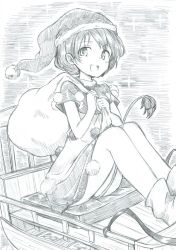 Rule 34 | 1girl, :d, bare shoulders, between legs, cushion, doremy sweet, dress, full body, greyscale, hat, highres, holding, looking at viewer, mahiro (akino-suisen), monochrome, open mouth, over shoulder, pom pom (clothes), sack, santa hat, short hair, sitting, sled, smile, socks, solo, star (symbol), tail, tail between legs, tapir tail, touhou, traditional media