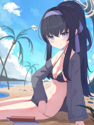 Rule 34 | 1girl, absurdres, beach, bikini, black bikini, black hair, black jacket, blue archive, blush, book, breasts, cleavage, closed mouth, day, hair between eyes, hairband, halo, highres, jacket, long hair, long sleeves, ocean, official alternate costume, open clothes, open jacket, outdoors, purple eyes, purple hairband, sitting, small breasts, smile, solo, swimsuit, tokutokenzen, ui (blue archive), ui (swimsuit) (blue archive)