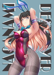 Rule 34 | 1girl, alternate costume, animal ears, aqua bow, aqua bowtie, arm cuffs, arms behind head, black hair, black pantyhose, blue background, bow, bowtie, breasts, character name, colored inner hair, covered navel, detached collar, detached sleeves, fake animal ears, fake tail, fang, fishnet pantyhose, fishnets, highleg, highleg leotard, kantai collection, large breasts, leotard, long hair, looking at viewer, medium breasts, moke ro, multicolored hair, naganami (kancolle), pantyhose, pink hair, pink leotard, playboy bunny, rabbit ears, rabbit tail, smile, solo, strapless, strapless leotard, tail, traditional bowtie, two-tone hair, wavy hair, wrist cuffs
