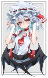 Rule 34 | 1girl, absurdres, alternate costume, ascot, bat wings, blue hair, choker, grey background, hair between eyes, hat, highres, looking at viewer, mob cap, red ascot, red choker, red eyes, remilia scarlet, solo, touhou, tsune (tune), white background, white hat, wings