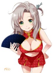 Rule 34 | 10s, 1girl, 2016, :p, ahoge, alternate costume, bare shoulders, breasts, china dress, chinese clothes, dated, dress, folding fan, green eyes, grey hair, hair ornament, hand fan, highres, holding, holding fan, kantai collection, kazuki kan, kinugasa (kancolle), kinugasa kai ni (kancolle), large breasts, long hair, looking at viewer, navel, ribbon, side ponytail, signature, simple background, sleeveless, smile, solo, thighs, tongue, tongue out, white background