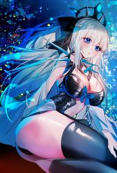 Rule 34 | 1girl, absurdres, arm behind back, ass, baocaizi, black bow, black leotard, black thighhighs, blue eyes, blue hair, blush, bow, breasts, cleavage, cleavage cutout, closed mouth, clothing cutout, crossed legs, fate/grand order, fate (series), garter straps, gradient hair, hair between eyes, hair bow, highres, large breasts, leotard, long hair, midriff, morgan le fay (fate), multicolored hair, navel, shiny clothes, shiny legwear, sitting, solo, stomach, thighhighs, very long hair, white hair
