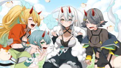 Rule 34 | 4girls, aqua hair, belt, black jacket, blonde hair, blush, breasts, cleavage, closed eyes, cloud, collarbone, colored tips, commission, criss-cross halter, dragon girl, dragon horns, dragon tail, eyelashes, eyes visible through hair, feather boa, grass, green eyes, grey eyes, grey hair, hair between eyes, hair ornament, halterneck, heterochromia, highres, horns, indie virtual youtuber, jacket, k (art71), large breasts, lightning bolt, lightning bolt hair ornament, lightning bolt symbol, long hair, miri mizuhiki, multicolored hair, multiple girls, off shoulder, open clothes, open jacket, open mouth, orange jacket, pointy ears, ponytail, red horns, see-through, see-through cleavage, short hair, skeb commission, sky, snowflake hair ornament, streaked hair, stuffed chicken, tail, tassel, thigh belt, thigh strap, virtual youtuber, yellow eyes