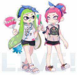 Rule 34 | 2girls, bandana, captain yue, casual, clothes writing, dolphin shorts, fangs, feet, food, green hair, hand fan, high ponytail, inkling, inkling girl, inkling player character, looking at another, multiple girls, nintendo, octoling, octoling girl, octoling player character, open mouth, pink hair, pointy ears, ponytail, popsicle, sandals, shoes, short shorts, shorts, simple background, sleeveless, smile, sneakers, splatoon (series), splatoon 2, studded bracelet, tentacle hair, toes, white background