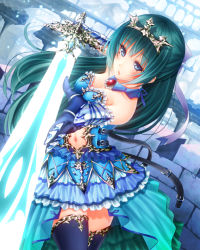 Rule 34 | 1girl, aqua hair, armor, armored dress, belt, black thighhighs, blue dress, blue eyes, breasts, brick wall, brooch, building, choker, cleavage, cleavage cutout, clothing cutout, crown, dress, dutch angle, elbow gloves, faulds, foreshortening, frilled skirt, frills, gauntlets, gloves, green dress, holding, holding sword, holding weapon, jewelry, leg up, looking at viewer, lots of jewelry, medium breasts, midriff, navel, noppi (noppi 98), original, princess, skirt, solo, sword, thighhighs, warrior, weapon, zettai ryouiki