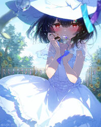 Rule 34 | 1girl, black hair, blue sky, blurry, blurry foreground, blush, breasts, bush, commentary, covering own mouth, cowboy shot, dress, fence, flower, hands up, hat, holding wind chime, idolmaster, idolmaster shiny colors, large breasts, looking at viewer, morino rinze, official alternate costume, outdoors, red eyes, see-through, see-through sleeves, short hair, sky, solo, soriya, sun hat, sunflower, tree, twitter username, white dress, white hat, wind chime