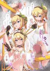 Rule 34 | 1boy, 1girl, aketa chika, aqua eyes, arm support, barefoot, blonde hair, bow, breasts, brown gloves, brown hairband, censored, commission, cropped torso, cum, cum on body, cum on feet, dress, edna (tales), ejaculation, erection, feet, foot focus, foot out of frame, footjob, foreshortening, gloves, green bow, green ribbon, grey background, hair between eyes, hair bow, hair ribbon, hairband, hand up, hetero, highres, holding, medium hair, mosaic censoring, motion lines, multiple views, open mouth, out of frame, penis, ribbon, side ponytail, sidelocks, sitting, skeb commission, small breasts, soles, sound effects, speech bubble, spread toes, stepped on, strap slip, tales of (series), tales of zestiria, toenails, toes, twitching penis, white dress, yellow ribbon