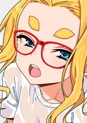 1girl blonde_hair blue_eyes blush close-up dekomegane glasses long_hair looking_at_viewer open_mouth original red-framed_eyewear sasetsu shirt solo thick_eyebrows white_shirt