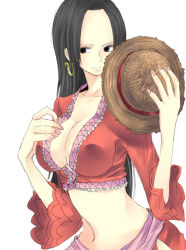 Rule 34 | 1girl, black hair, blue eyes, boa hancock, breasts, cleavage, earrings, female focus, hat, highres, jewelry, large breasts, long hair, long sleeves, midriff, one piece, sash, simple background, solo, straw hat