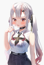 Rule 34 | 1girl, absurdres, belt, black bra, black necktie, blush, bra, bra visible through clothes, breasts, breath, choker, collared shirt, fang, gradient hair, highres, hololive, horns, long hair, looking at viewer, multicolored hair, nakiri ayame, nakiri ayame (streetwear), necktie, open mouth, orange eyes, pencil skirt, pinstripe pattern, pinstripe skirt, red eyes, see-through, shirt, shirt tucked in, shokorate, skin-covered horns, skirt, sleeveless, sleeveless shirt, small breasts, striped, twintails, underwear, very long hair, virtual youtuber, wet, wet clothes, white shirt