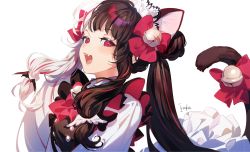 Rule 34 | 1girl, :d, animal ears, artist name, bell, black dress, blunt bangs, breasts, brown hair, cat ears, cat tail, dress, fangs, from side, fumiko (throughx2), highres, jingle bell, light blush, long hair, looking at viewer, medium breasts, multicolored hair, nijisanji, open mouth, red eyes, sidelocks, simple background, smile, solo, split-color hair, tail, two-tone hair, upper body, virtual youtuber, white background, white hair, white sleeves, yorumi rena, yorumi rena (5th costume)