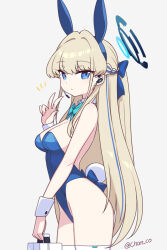 Rule 34 | 1girl, animal ears, blonde hair, blue archive, blue bow, blue bowtie, blue eyes, blue leotard, bow, bowtie, braid, breasts, briefcase, chan co, detached collar, earpiece, fake animal ears, fake tail, french braid, hair bow, halo, highres, holding, holding briefcase, leotard, long hair, looking at viewer, medium breasts, multicolored hair, playboy bunny, rabbit ears, rabbit tail, solo, streaked hair, tail, thighhighs, toki (blue archive), toki (bunny) (blue archive), v, very long hair, white thighhighs, wrist cuffs