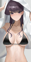 1girl absurdres armpits arms_up bare_shoulders bikini black_bikini black_hair blush breasts closed_mouth collarbone commentary drying drying_hair eyelashes highres komi-san_wa_komyushou_desu komi_shouko large_breasts long_hair looking_at_viewer navel o-ring o-ring_bikini purple_eyes revision solo swimsuit takita_(takita3411) towel upper_body wet