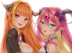 Rule 34 | 2girls, absurdres, ahoge, asymmetrical horns, bare shoulders, blonde hair, bow, braid, breasts, brooch, check commentary, clover (cloversoya), commentary request, fang, green eyes, hair ornament, hairband, highres, hololive, horn bow, horn ornament, horns, jewelry, kiryu coco, kiryu coco (1st costume), long hair, looking at viewer, mano aloe, multicolored hair, multiple girls, open mouth, orange hair, pink hair, pointy ears, purple eyes, two-tone hair, uneven horns, virtual youtuber, white background, wing collar