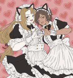 Rule 34 | 2girls, animal ears, apron, black bow, black bowtie, black dress, blue eyes, blush, bow, bowtie, brown eyes, brown hair, cat ears, dress, fake animal ears, frilled dress, frills, heart, heart hands, heart hands duo, highres, kazu1010, limbus company, long hair, low-tied long hair, maid, maid headdress, multiple girls, open mouth, outis (project moon), parted bangs, project moon, puffy short sleeves, puffy sleeves, rodion (project moon), short hair, short sleeves, sidelocks, smile, sweat, very long hair, white apron