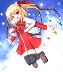 Rule 34 | 1girl, alternate costume, black thighhighs, blonde hair, blue background, blush, boots, breath, capelet, crystal, dress, dutch angle, flandre scarlet, full body, hair ornament, hair ribbon, jumping, long sleeves, misoshiru (meridianchild312), no headwear, no headwear, open mouth, red dress, red eyes, ribbon, short hair, side ponytail, smile, snowing, solo, thighhighs, touhou, wings, zettai ryouiki